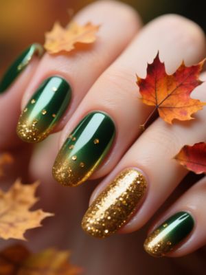 Metallic Green Ombré Nails with Gold Glitter & Autumn Leaves