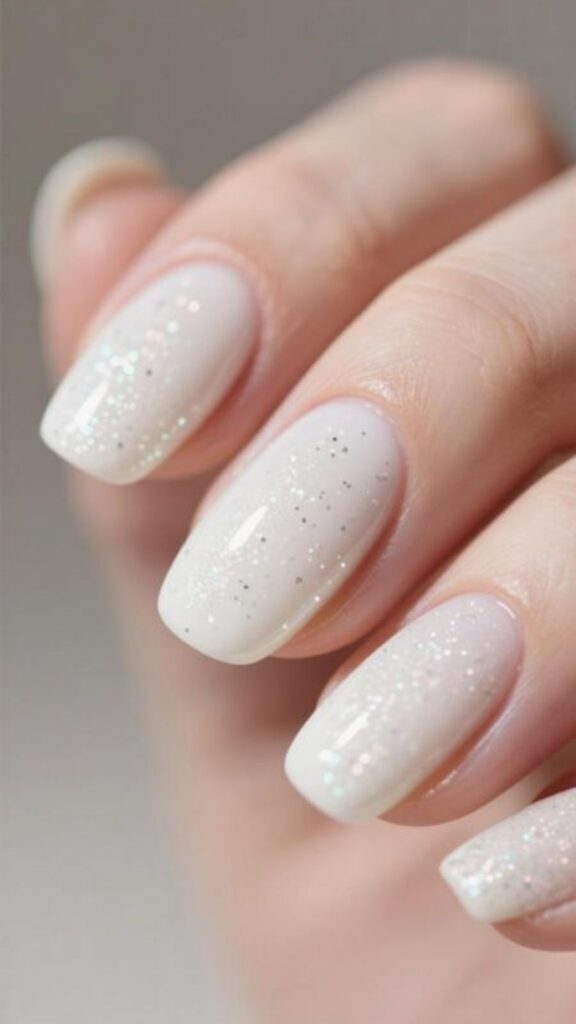 Milky White Nails with Glitter