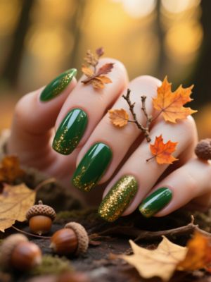 Deep Jade Green Nails with Golden Shimmer & Autumn Nature Accents