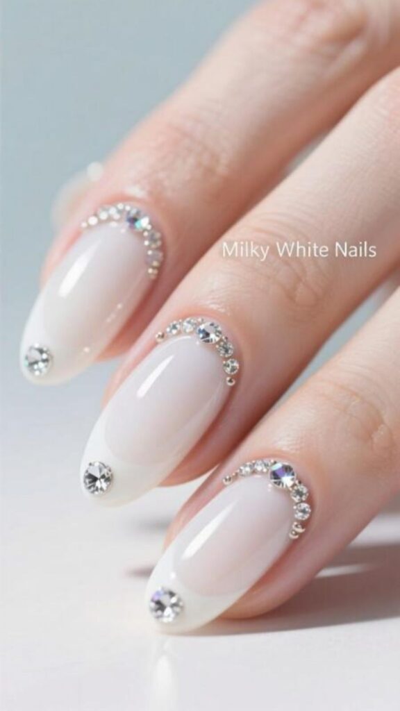 Milky White Nails with Rhinestones