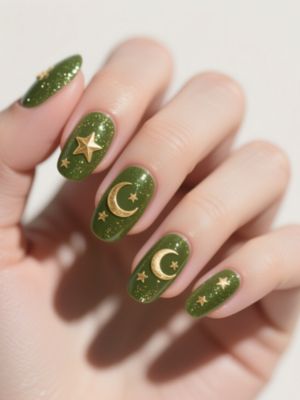 Glittery Olive Green Nails with Golden Stars & Crescent Moons