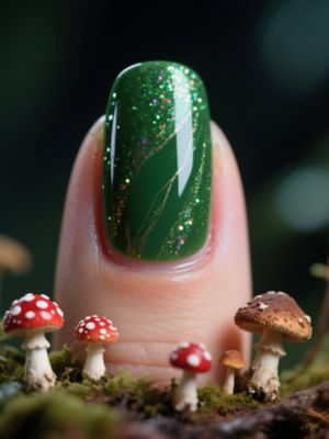 Forest Green Nails with Glitter & Mushrooms