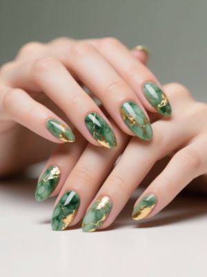 Sage Green Marble Nails with Gold Foil
