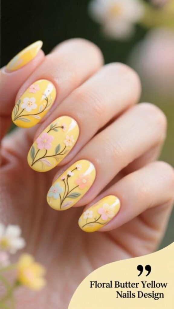 Floral Butter Yellow Nails Design