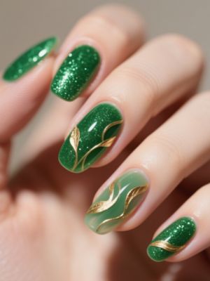 Bright Green Nails with Glitter & Gold Leaves