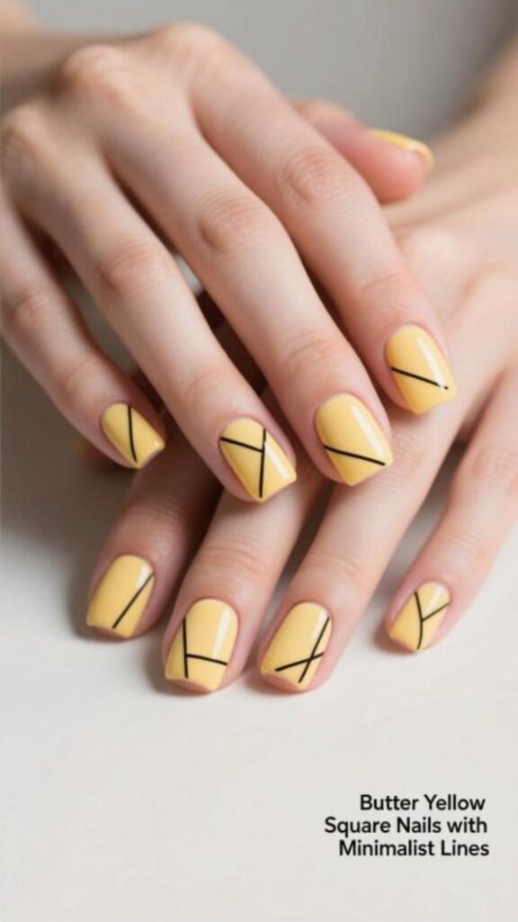 Butter Yellow Square Nails with Minimalist Lines