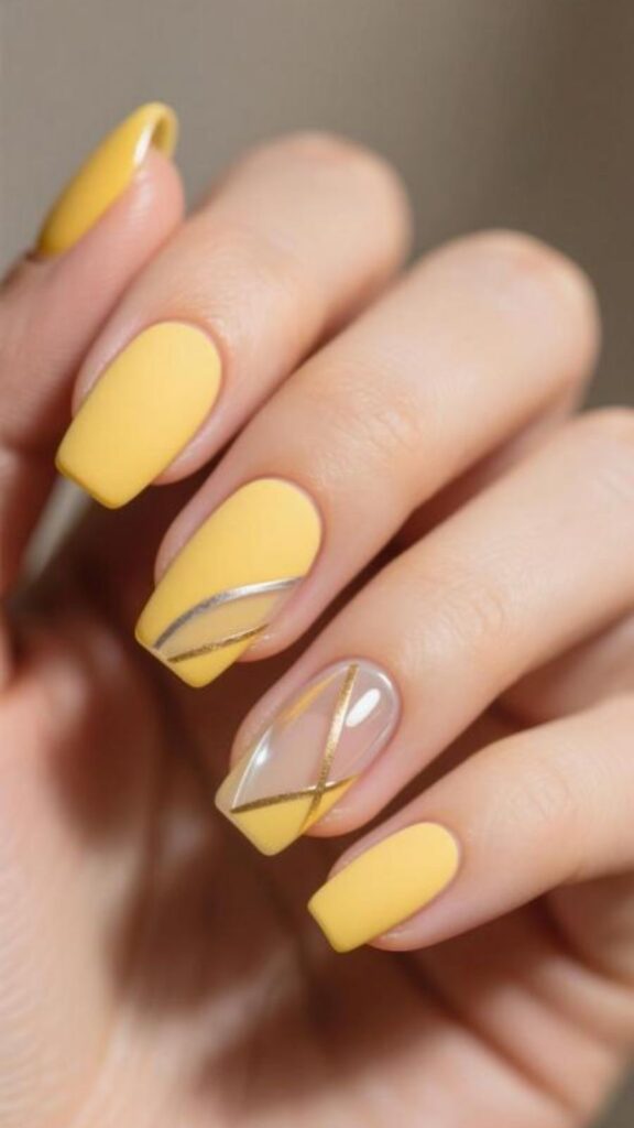 Matte Butter Yellow Nails with Glossy Accents