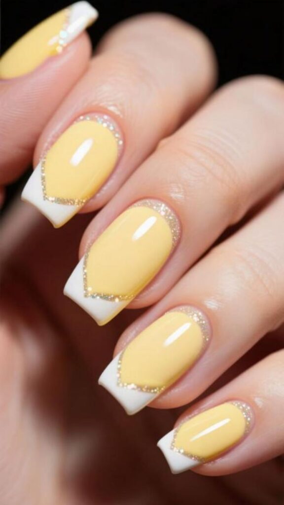 Glitter-Tipped Butter Yellow French Design