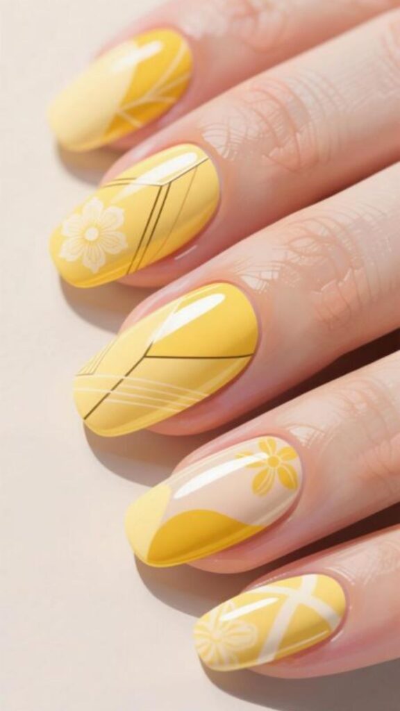 Artistic Butter Yellow Nails with Mixed Patterns