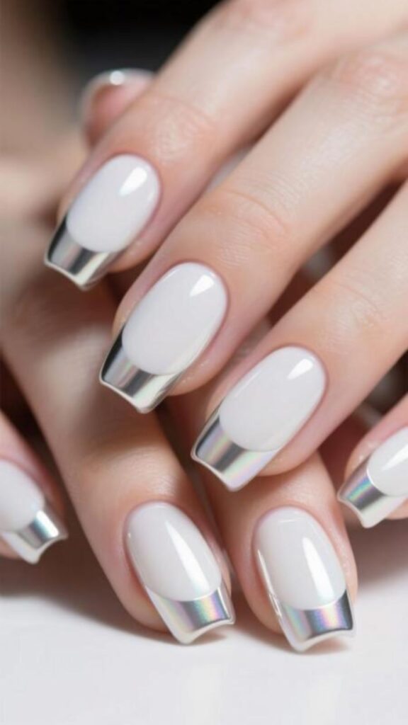 Milky White Nails with Chrome Finish