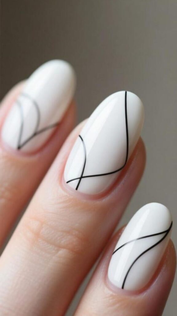 Milky White Nails with Minimal Line Art
