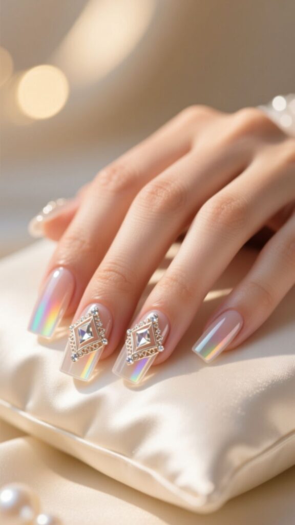 Transparent Square Nails with 3D Details