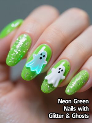 Neon Green Nails with Glitter & Ghosts