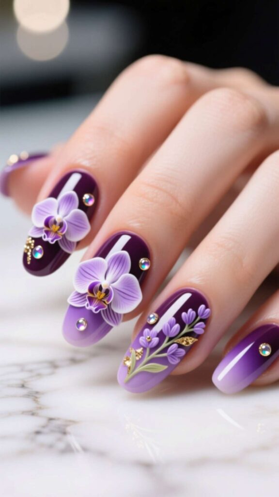 Purple Floral Nail Art