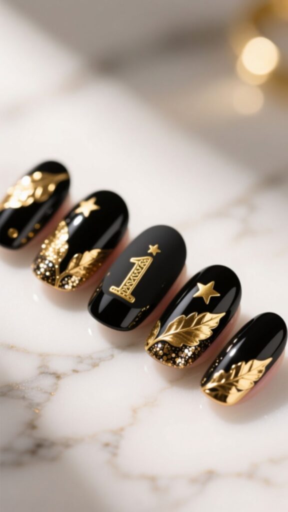 Black and Gold Birthday Nails