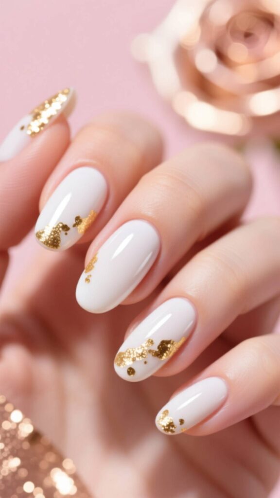 White Birthday Nails with Gold Foil