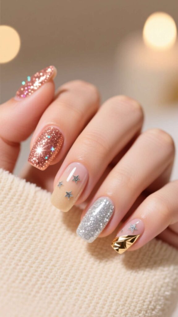 Short Birthday Nails with Glitter Tips