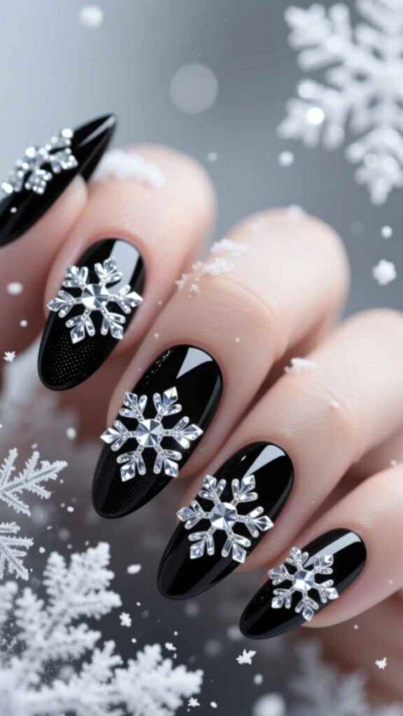Black Nails with Crystal Snowflake Embellishments