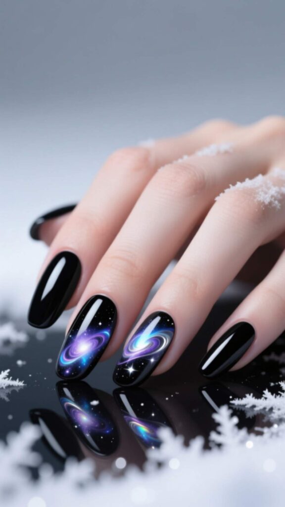 Black Nails with Galaxy / Nebula Accents