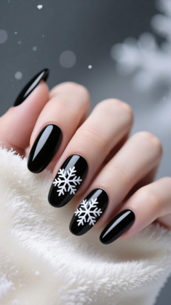 Black Nails with Negative Space Snowflakes