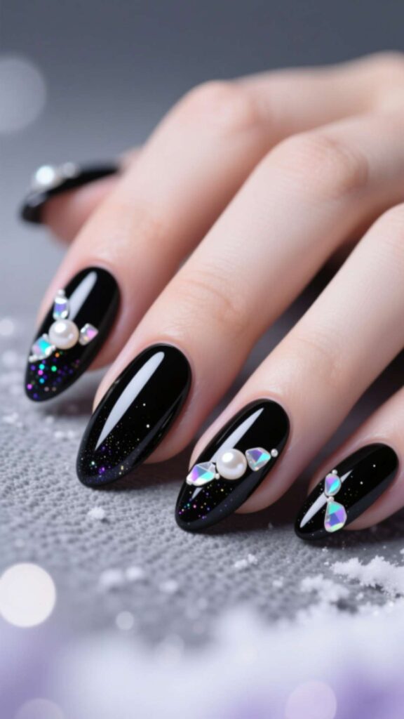 Black Nails with Pearl / Opal Flakes