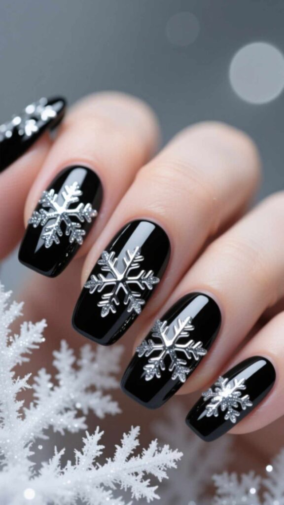 Black Nails with Chrome Snowflake Overlay