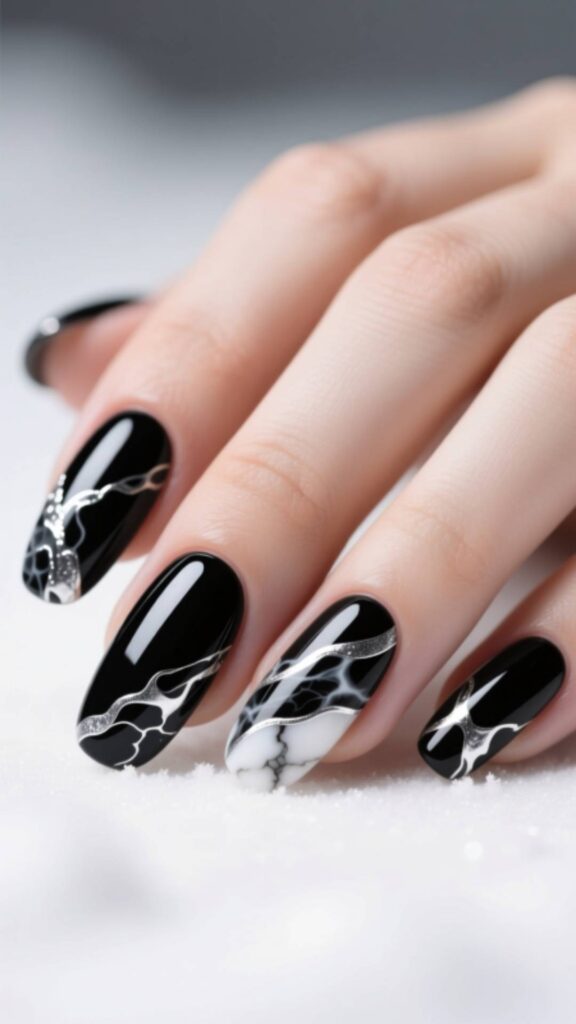 Black Nails with Silver & White Marble Accent