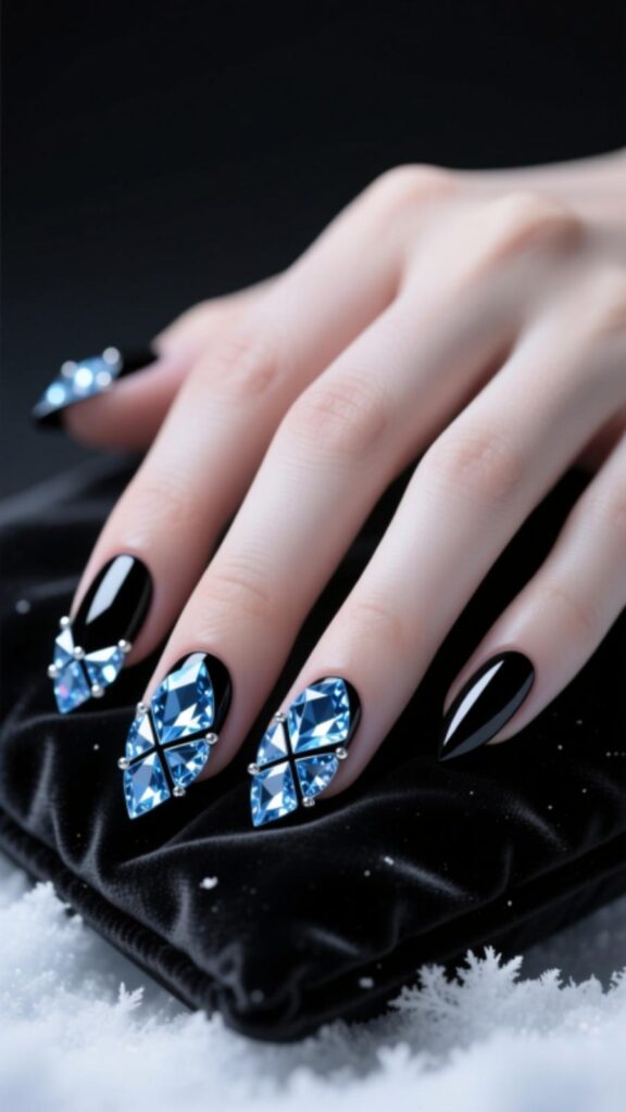 Black Nails with Icy Blue Gems