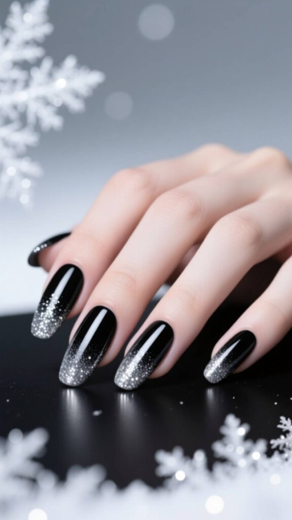 Black Nails with Silver Glitter Fade