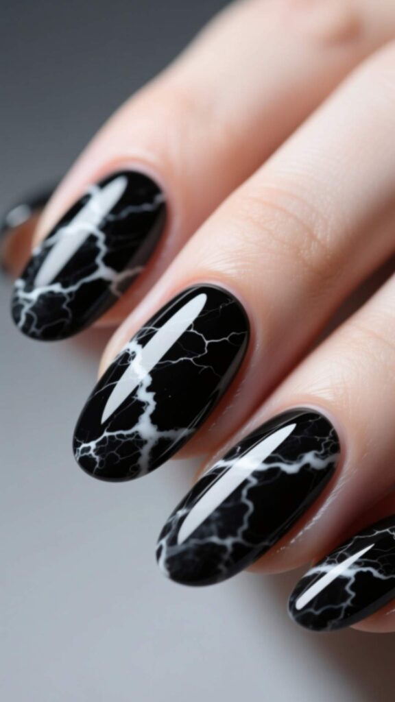 Black Marble Nails with White Veining