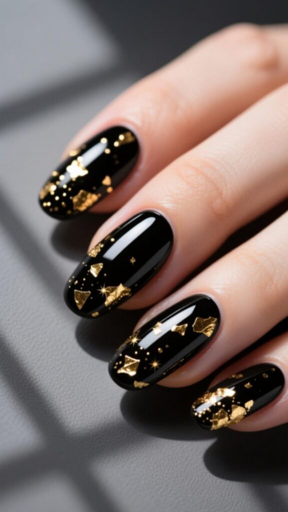 Black Nails with Gold Foil Chips