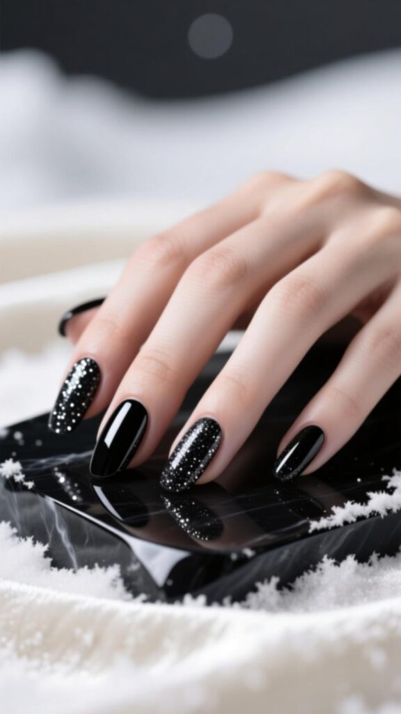 Black Nails with Subtle Glitter Sheen
