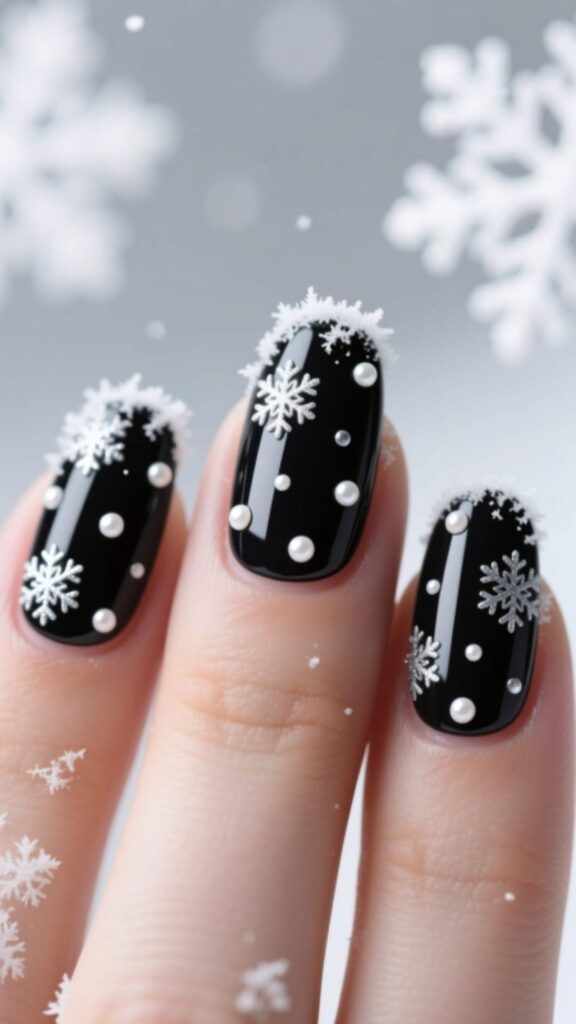 Black Nail Art with Snowy Dots