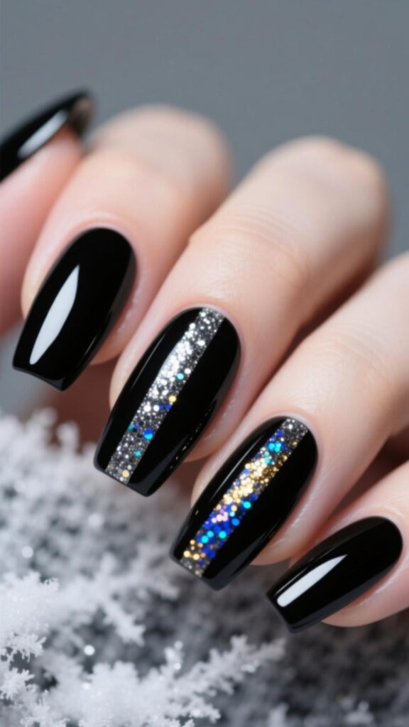 Black Nails with Glitter Stripe Accents