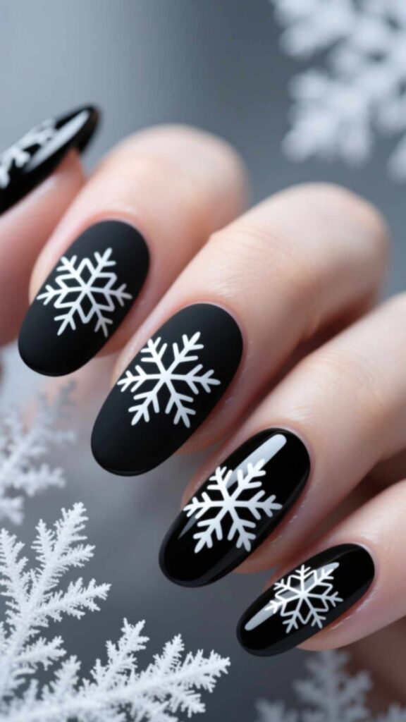 Black Nails with Matte Snowflake Silhouettes