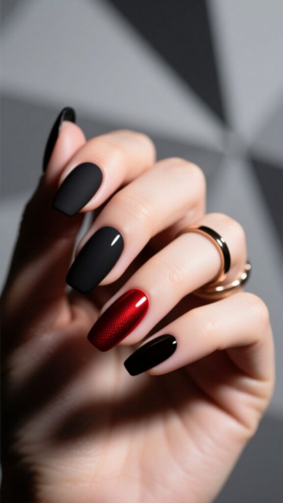 Black Nails with Matte Dark Red Accent