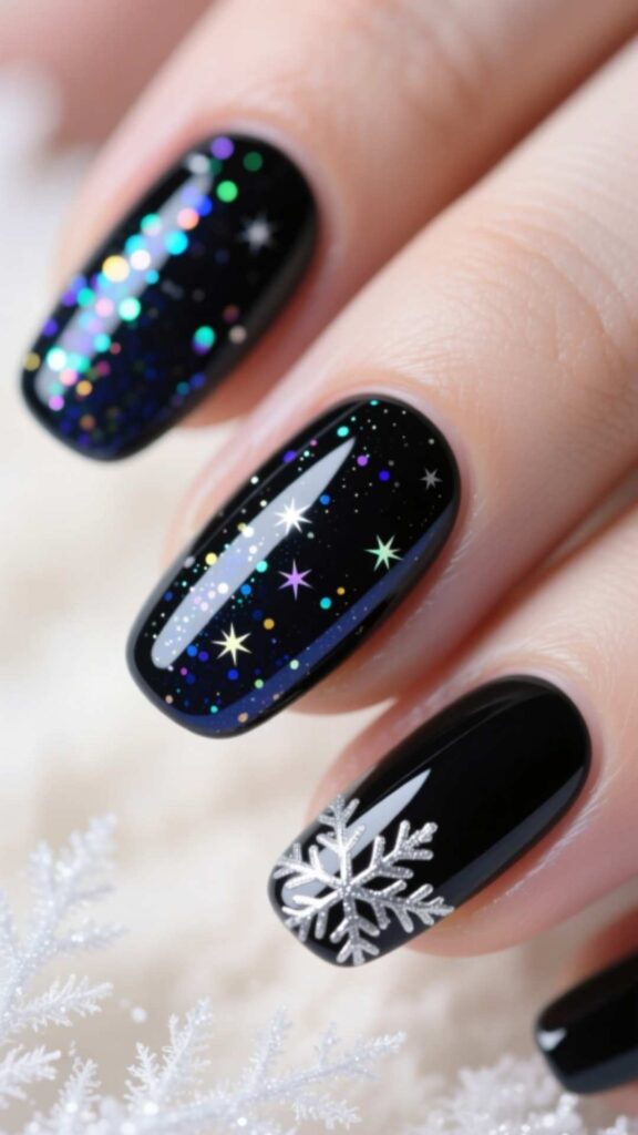 Black Nails with Holographic Flakes