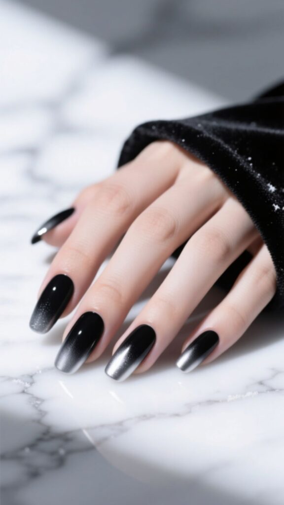 Black Nails with Matte Frosted Silver