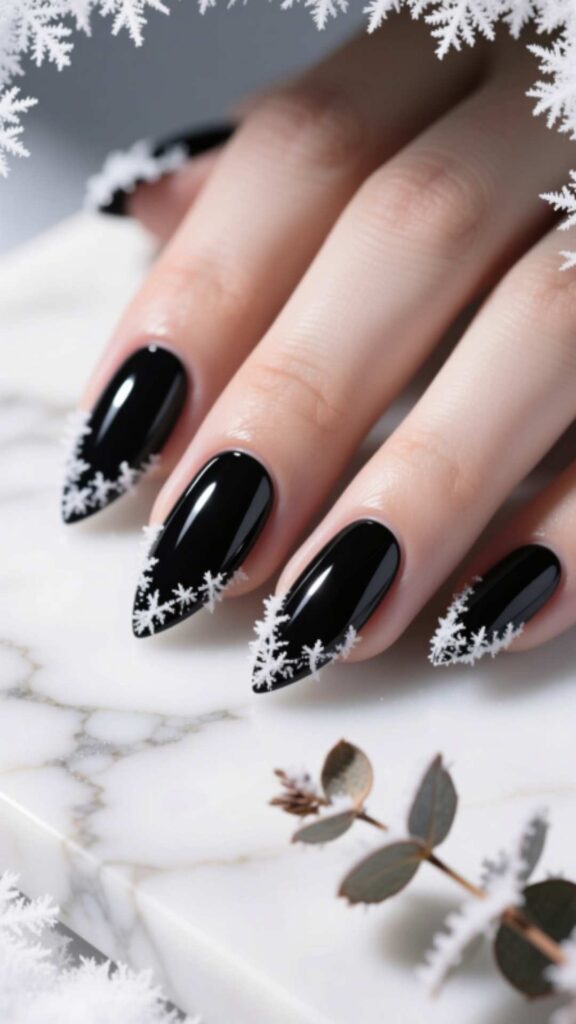 Black Nails with Frosted French Tips