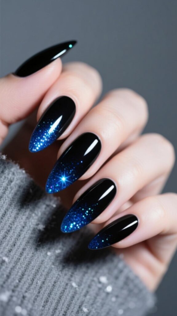 Black Nails with Blue Glitter Gradient