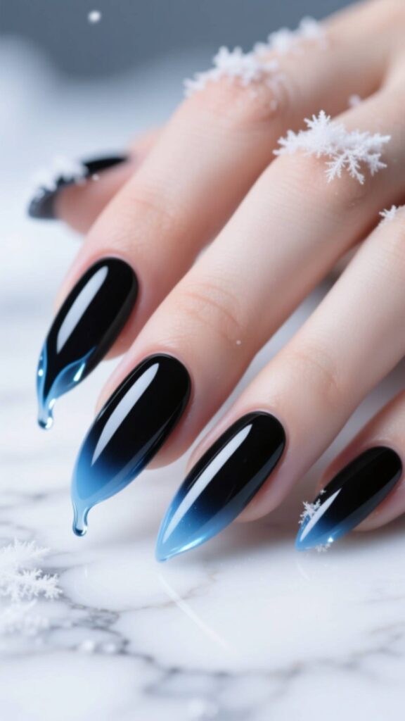 Black Nails with Ice Blue Drip Design