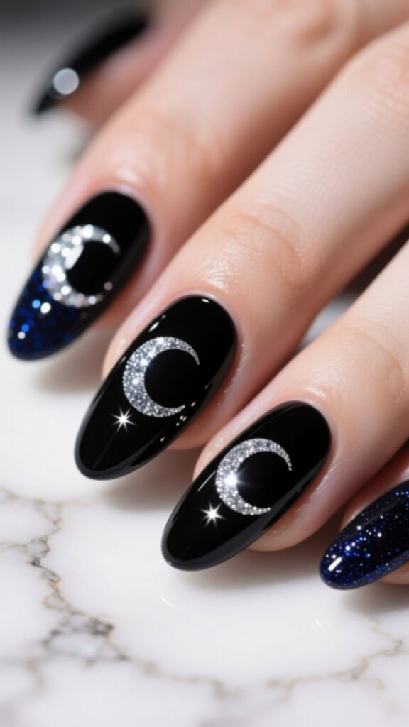 Black Nails with Glittery Crescent Moon Accents