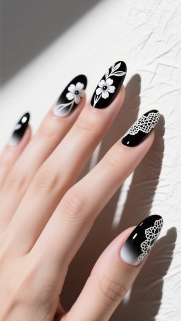 Floral Black and White Nails