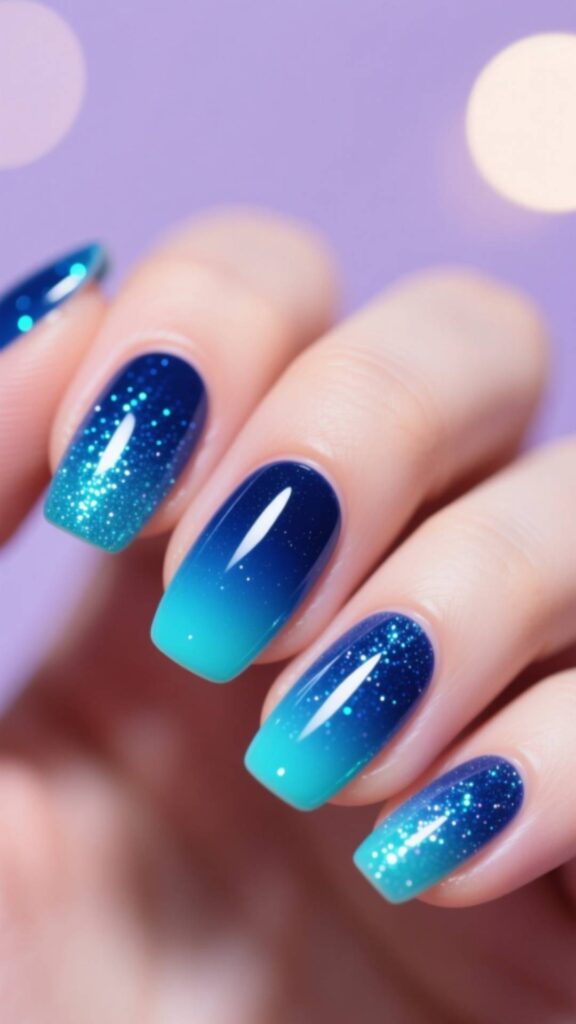 Blue Glitter Ombre Nails