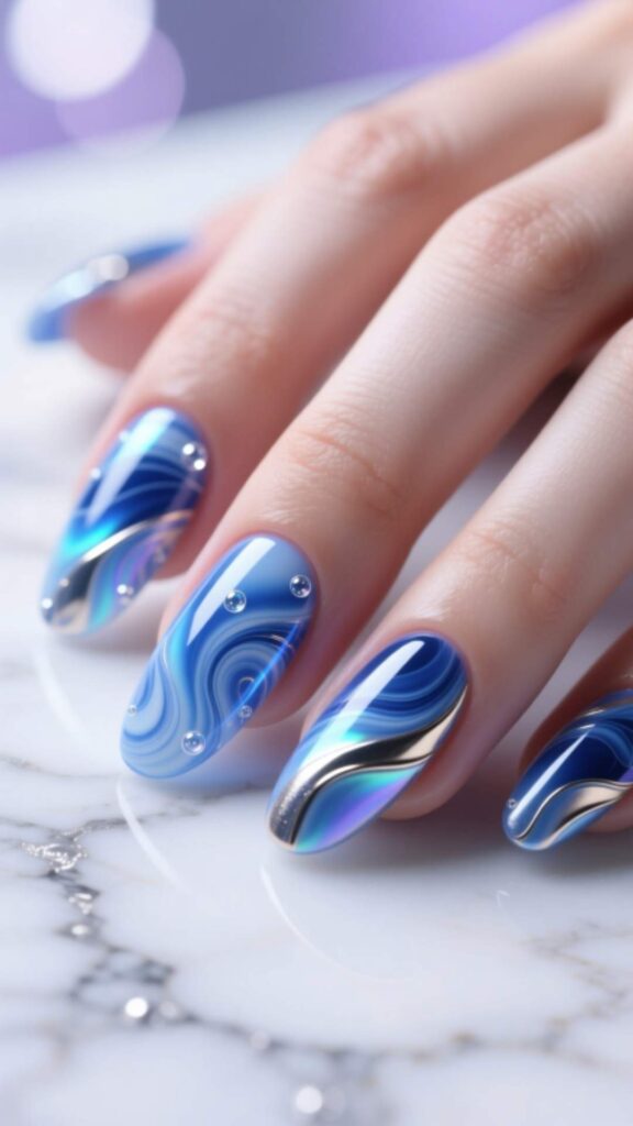 Blue Marble Gel Nails