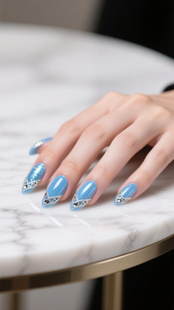 Icy Blue Nails with Silver Details
