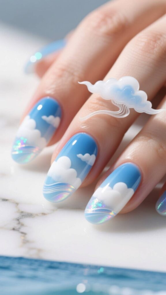 Blue and White Cloud Nails