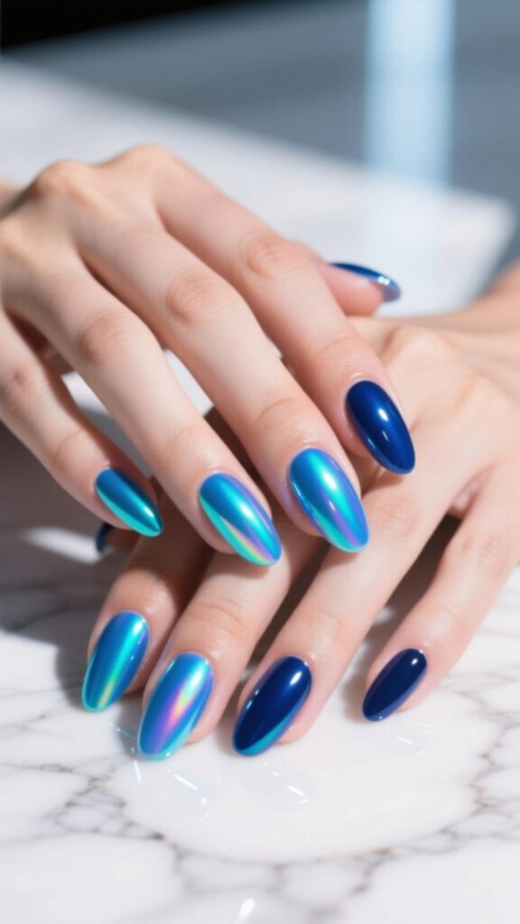 Holographic Blue Gel Nails