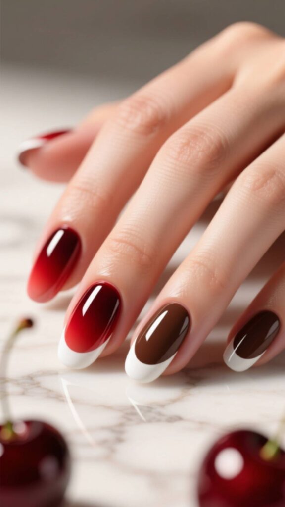 Cherry Mocha Half-Moon Nails