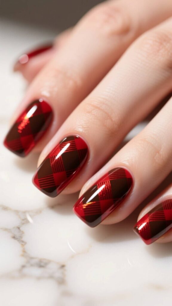 Cherry Mocha Plaid Nails